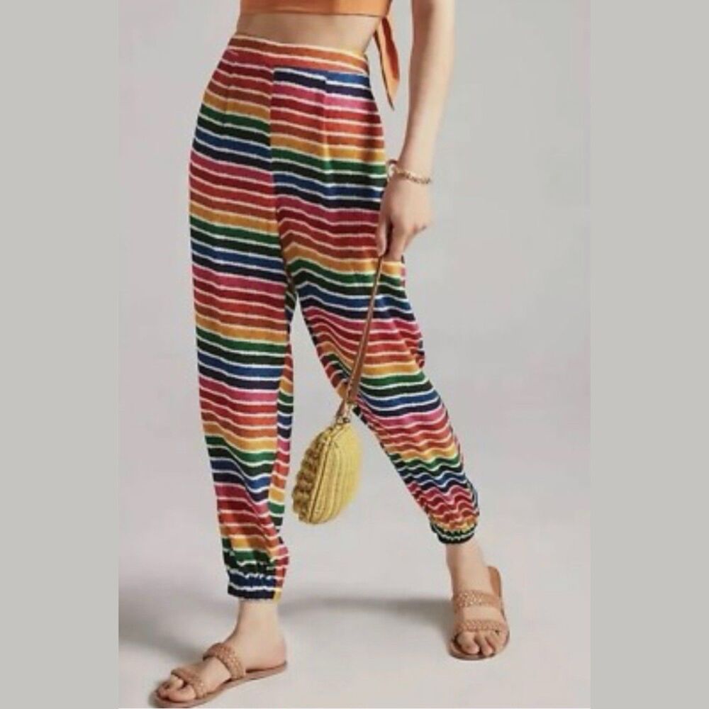 Anthropologie Farm Rio Size Small Rainbow Striped Joggers High Rise Pockets